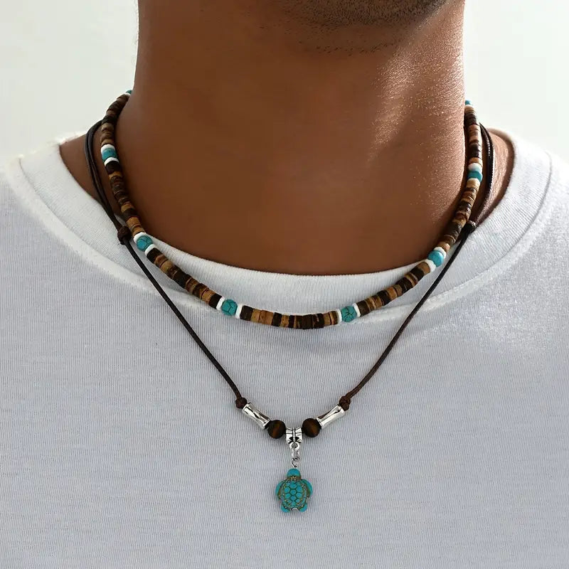 Luxuriøs herre halskæde med perler af turkise og tigerøje 