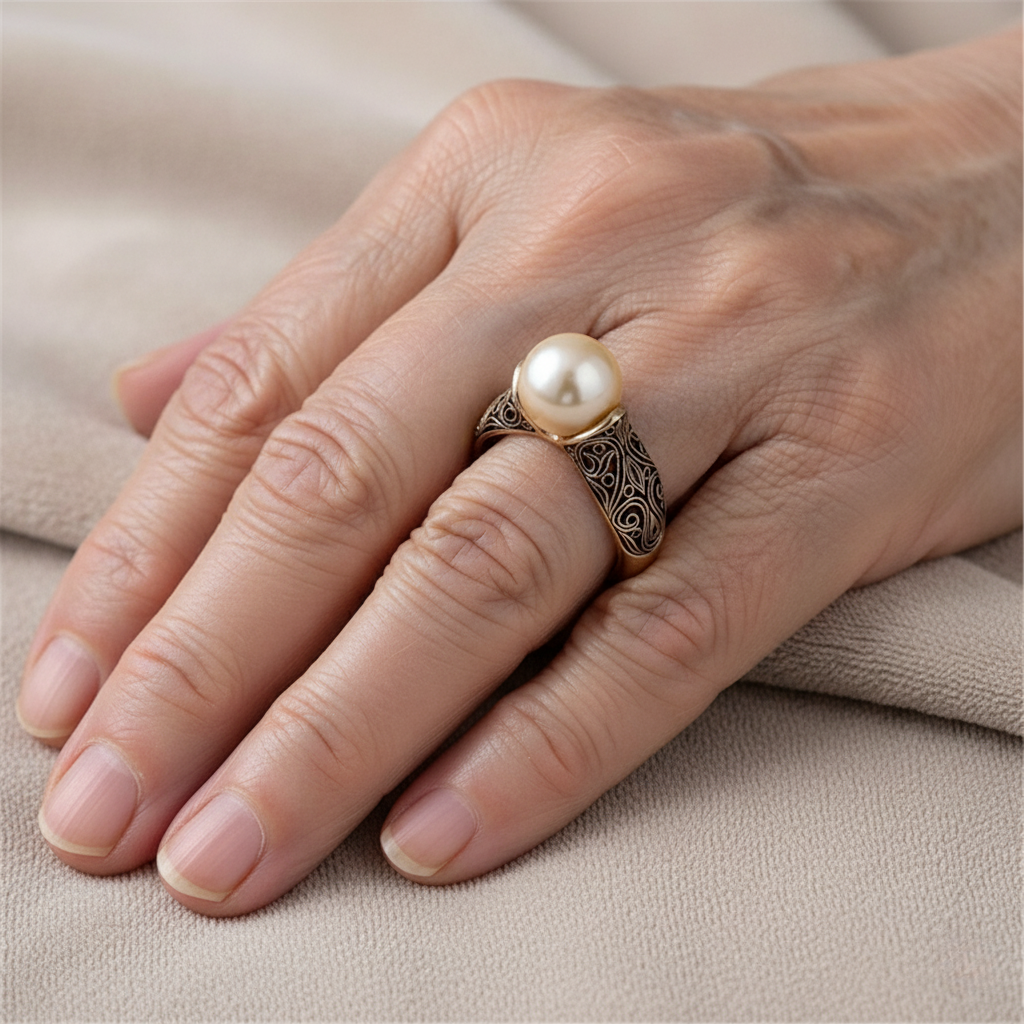 Gul vintage ring med perle 