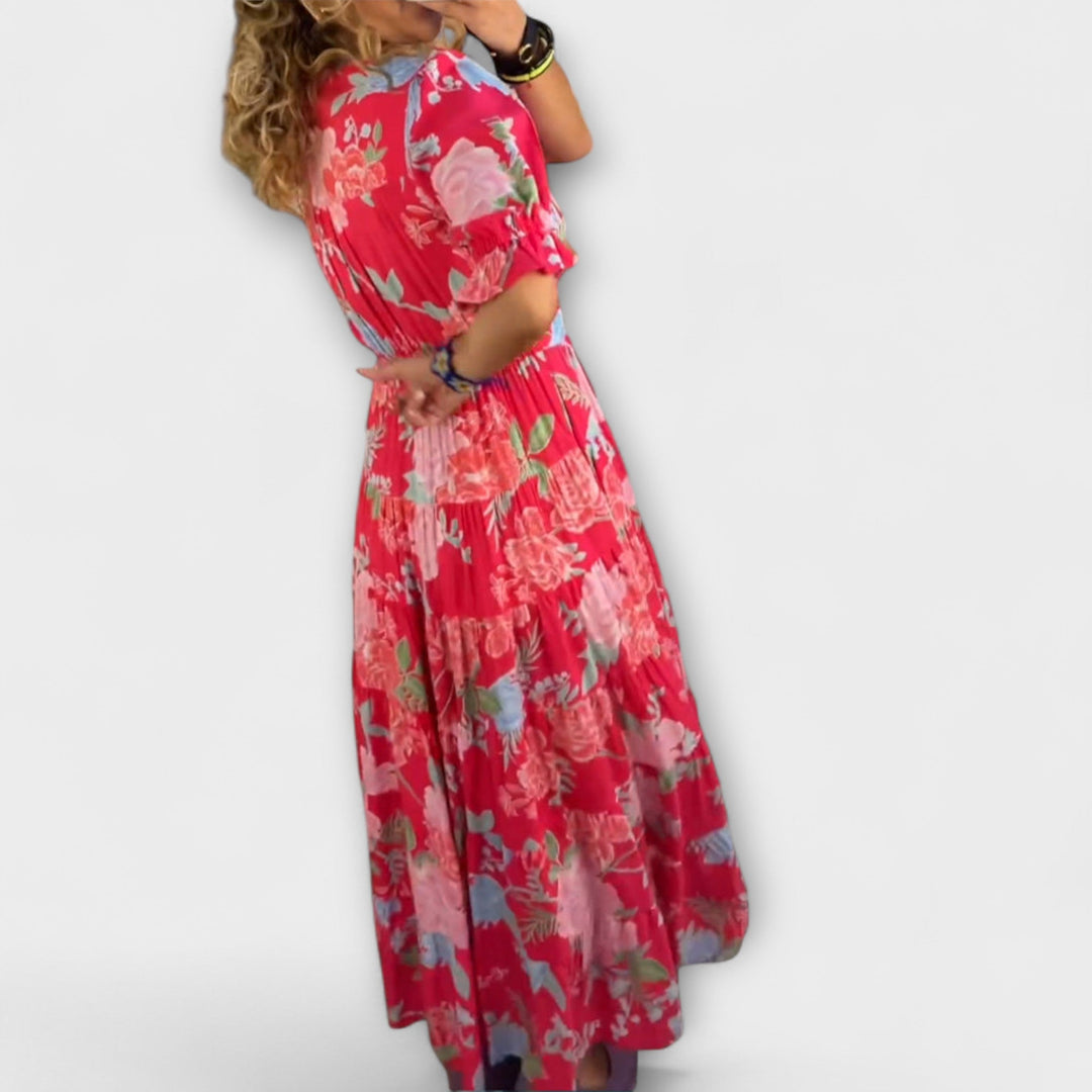 Zora | Blomstret maxikjole med V-hals og lommer