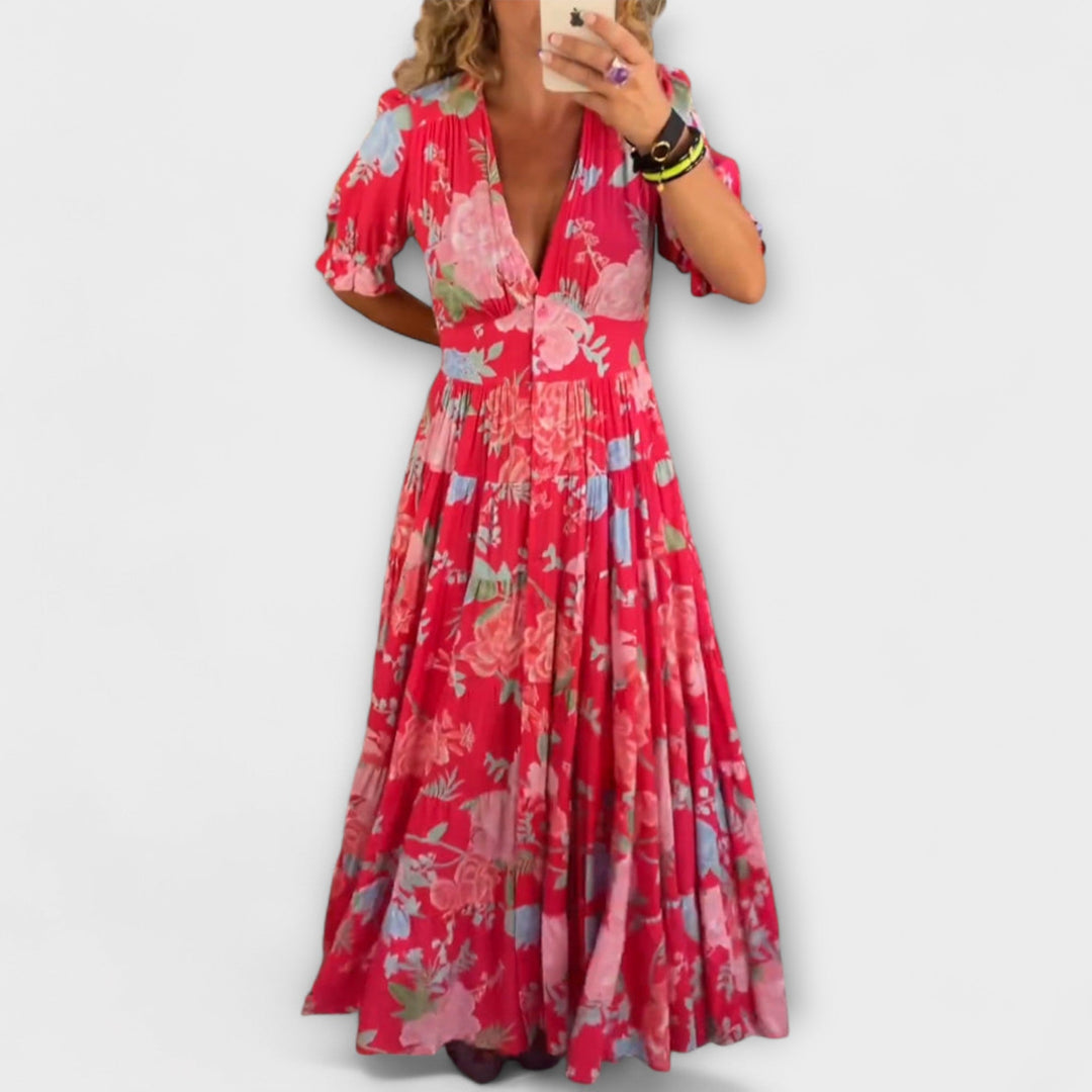 Zora | Blomstret maxikjole med V-hals og lommer