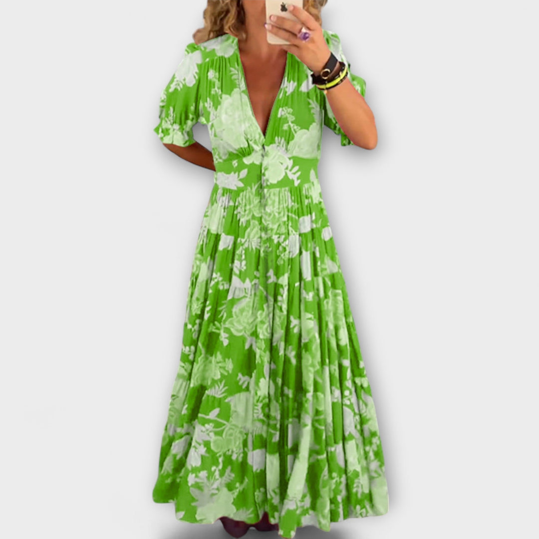 Zora | Blomstret maxikjole med V-hals og lommer