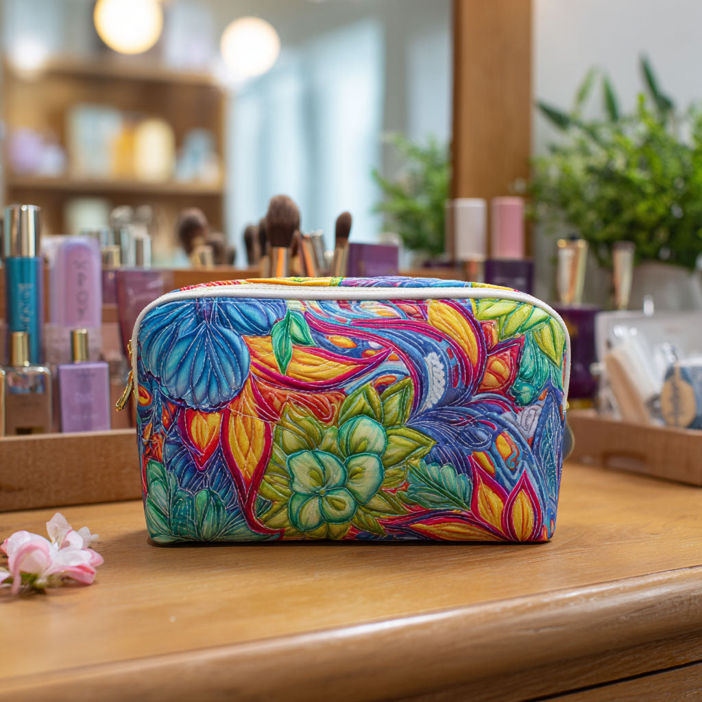 Makeuptaske Blomster i Turkis