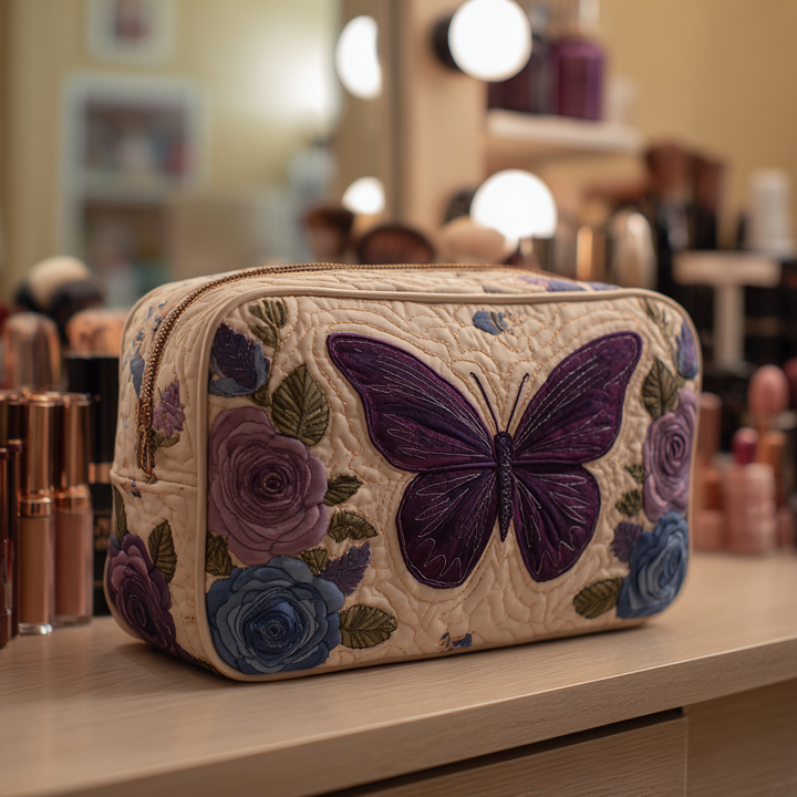 Makeuptaske Lilla Sommerfugl på Lys Bund