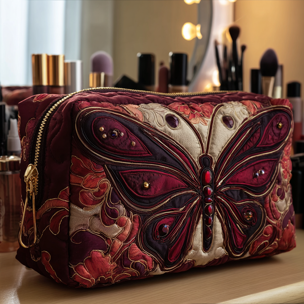 Makeuptaske "Sommerfugl i Vinrødt"