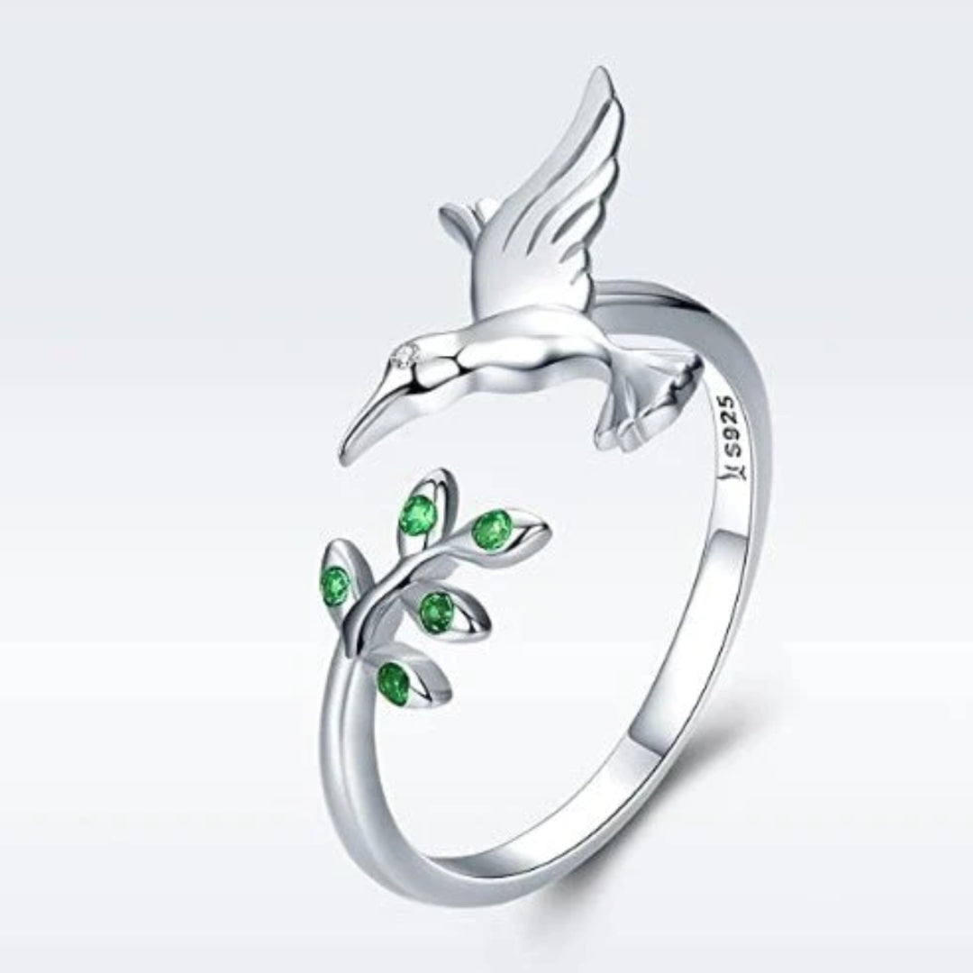 Kolibri-ring med grøn zirkon og sølv 
