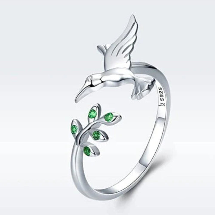 Kolibri-ring med grøn zirkon og sølv 