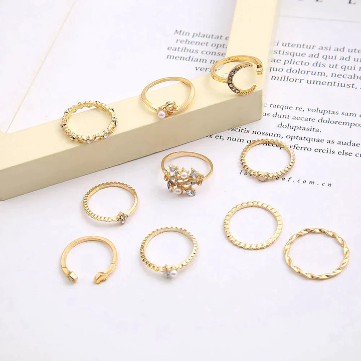 Sæt med 10 Boho Ringene Dækket med Sølv og Guld 