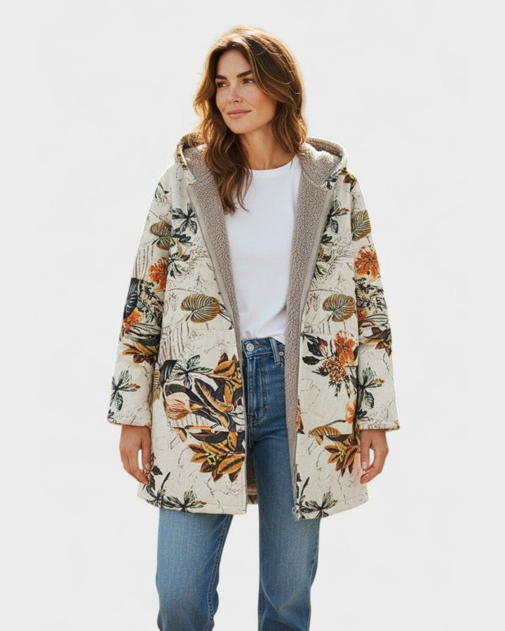 Elena | Boho Floral Sherpa Hættefrakke 