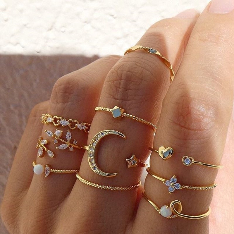Sæt med 10 Boho Ringene Dækket med Sølv og Guld