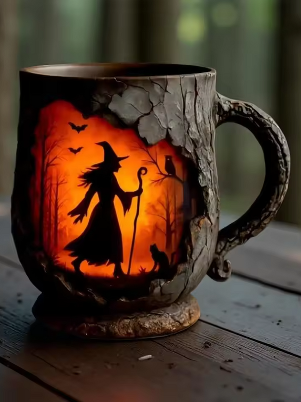 Mok Halloween 3D Håndlavet med Troldmand og Kat Motif