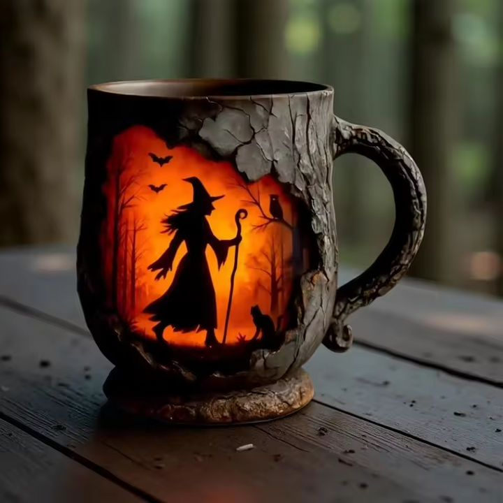 Mok Halloween 3D Håndlavet med Troldmand og Kat Motif