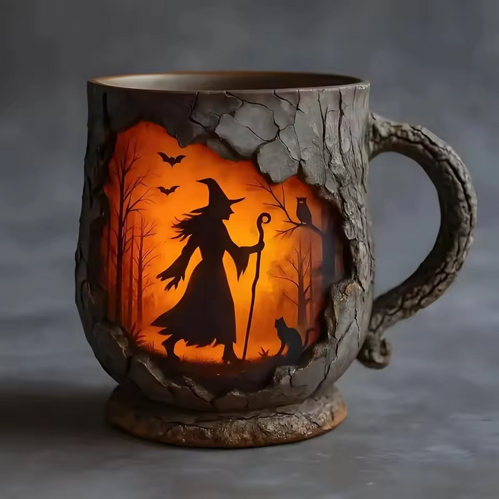 Mok Halloween 3D Håndlavet med Troldmand og Kat Motif