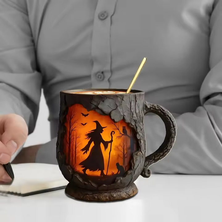 Mok Halloween 3D Håndlavet med Troldmand og Kat Motif