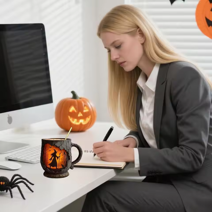 Mok Halloween 3D Håndlavet med Troldmand og Kat Motif