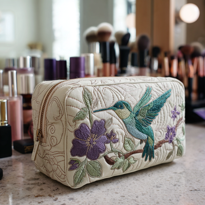 Makeuptaske Hvid Blomst og Kolibri