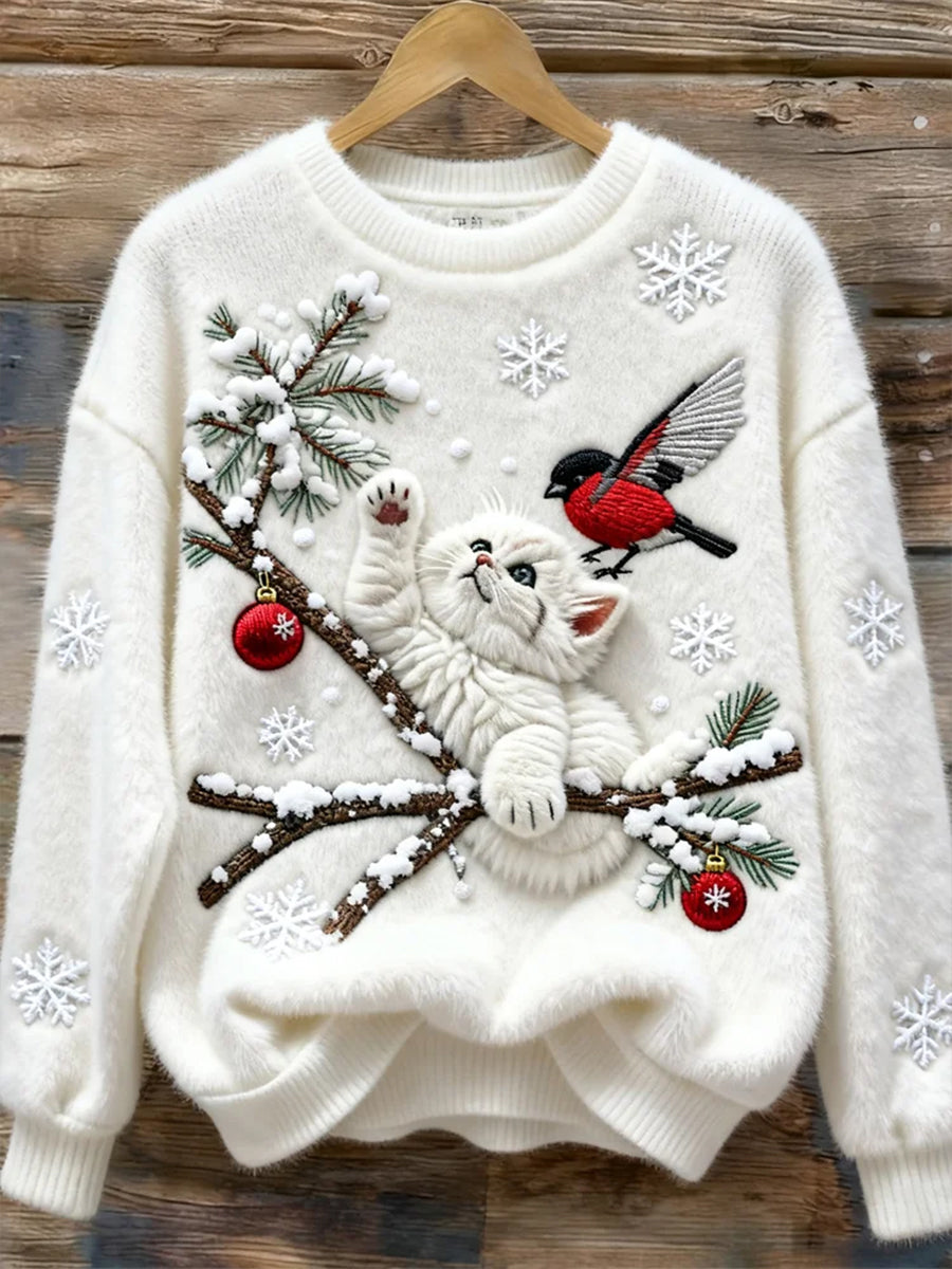 Kvinders Jule Søde Kat Kunsttryk Flannel Sweatshirt