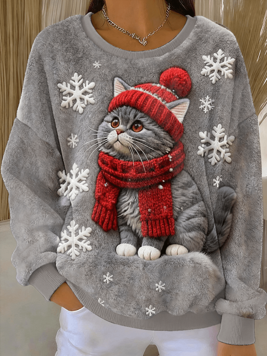 Kvinders Søde Jule Kat Kunst Print Casual Flannel Hoodie