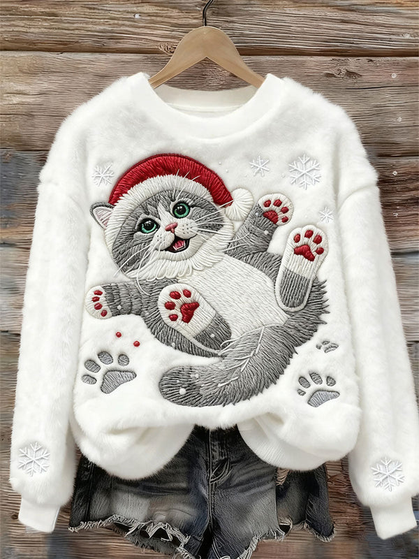 Kvinders Søde Jule Kat Kunst Print Casual Flannel Sweatshirt