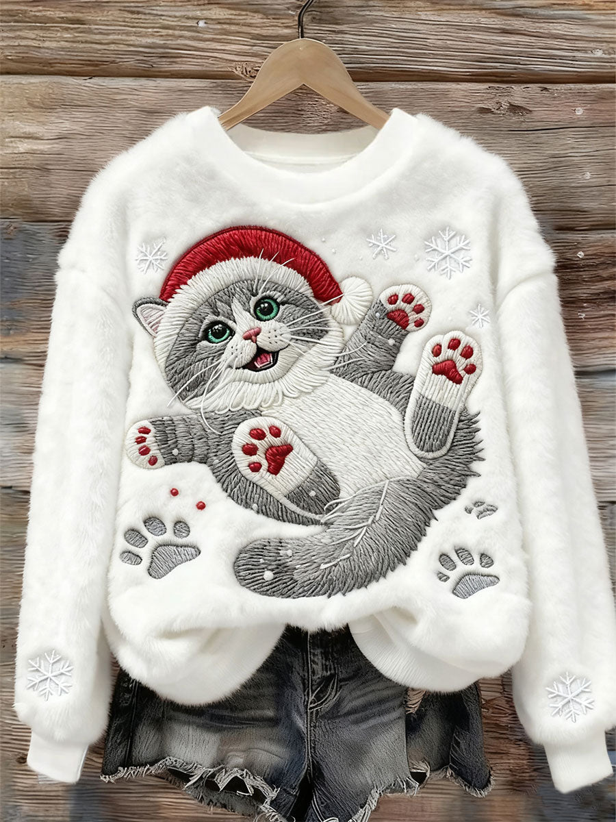 Kvinders Søde Jule Kat Kunst Print Casual Flannel Sweatshirt