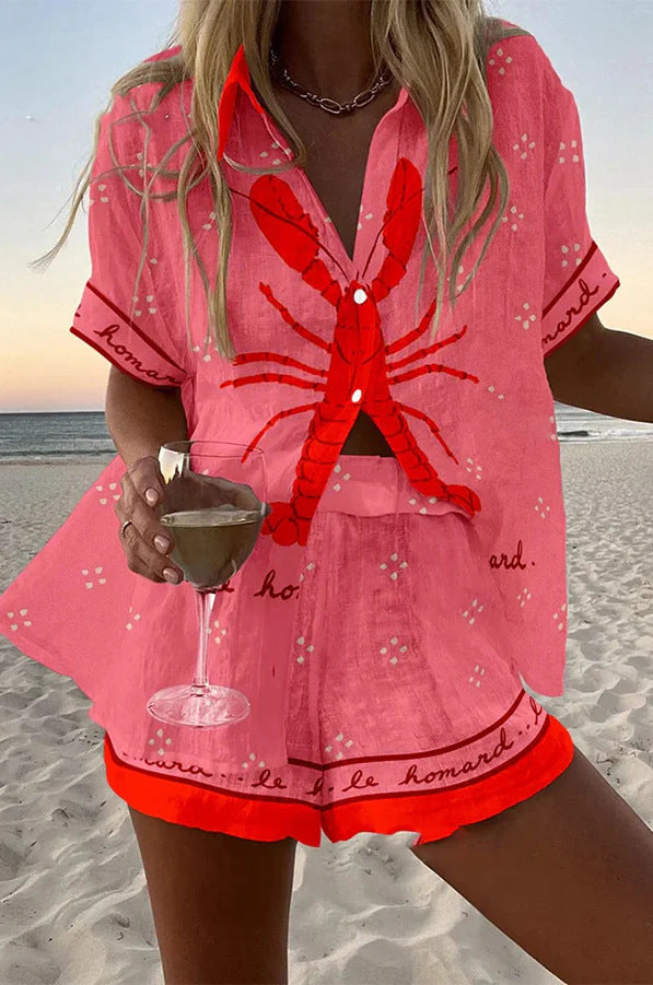 Pallina | Rosa Linned-Shorts-Sæt med Hummer-Print