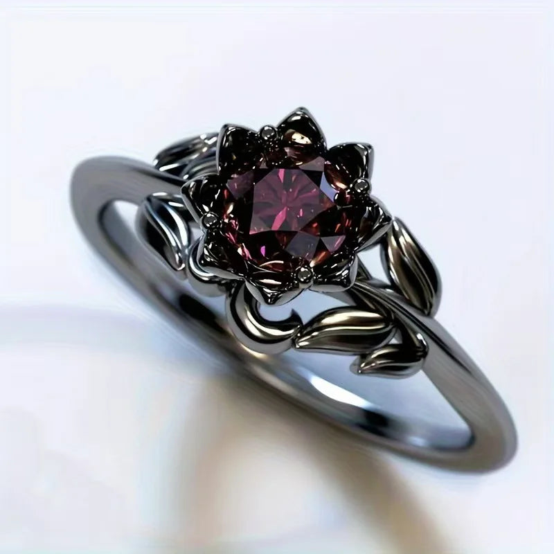 Vintage Ring med Blomst i Rød Sten 