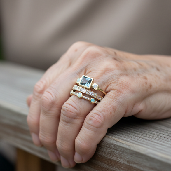 Vintage ringsæt med blå krystaller