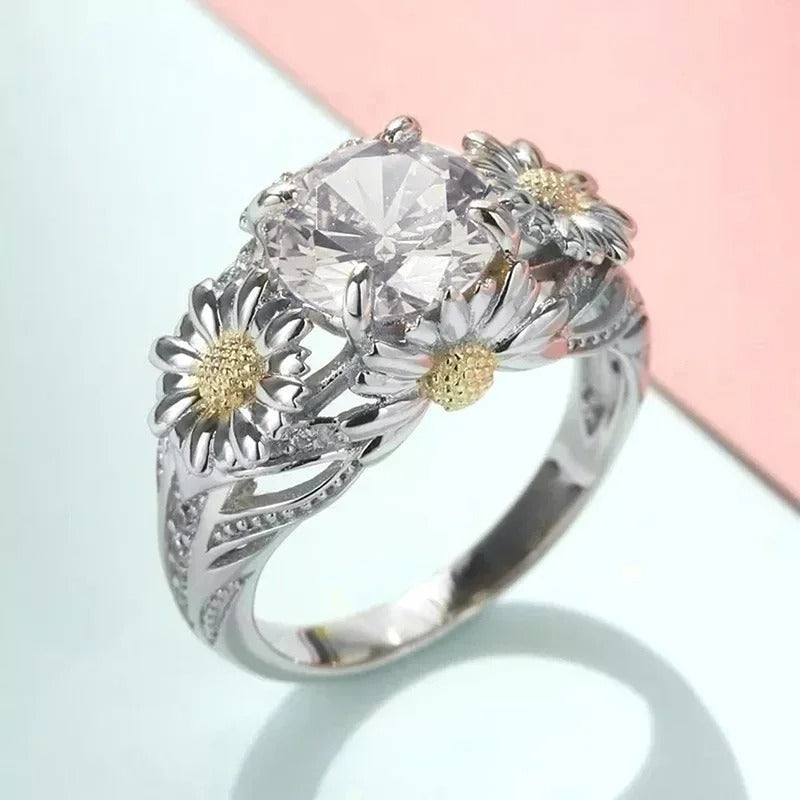 Vintage Ring med Gul Solsikke og Sølv 