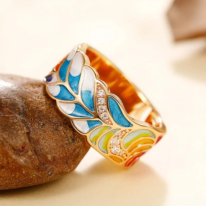 Gul vintage ring honning farverig emaljeklinge 