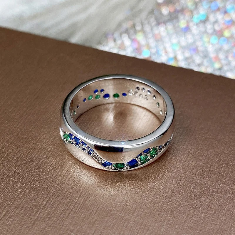 Sølv Vintage Ring med Blå og Grønne Sten i Bølgeform 