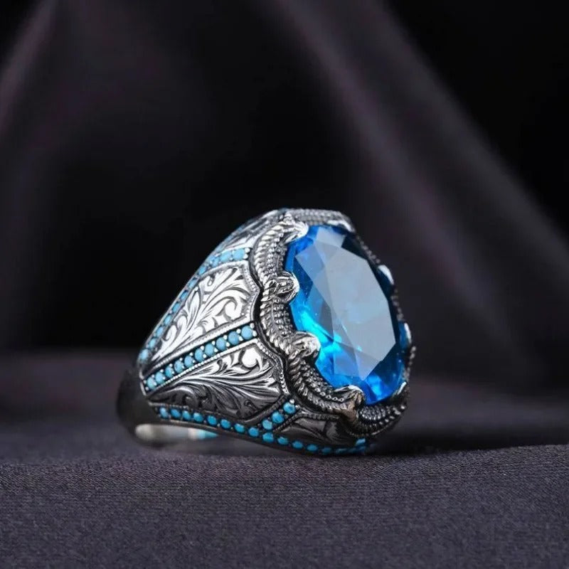 Vintage Ring Håndlavet af Sølv og Blå Sten 