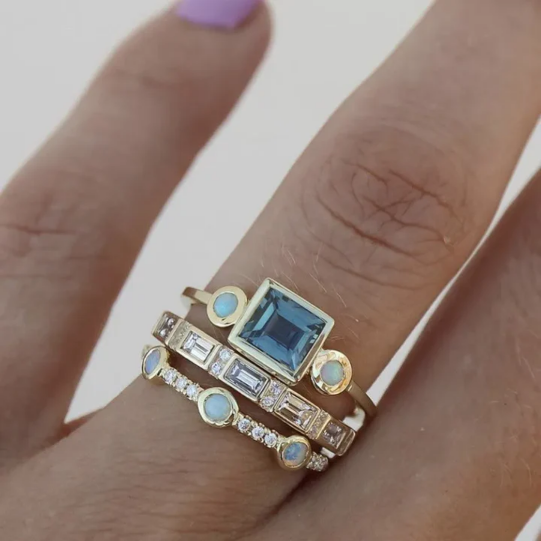 Vintage Ring Sæt med Blå Krystaller