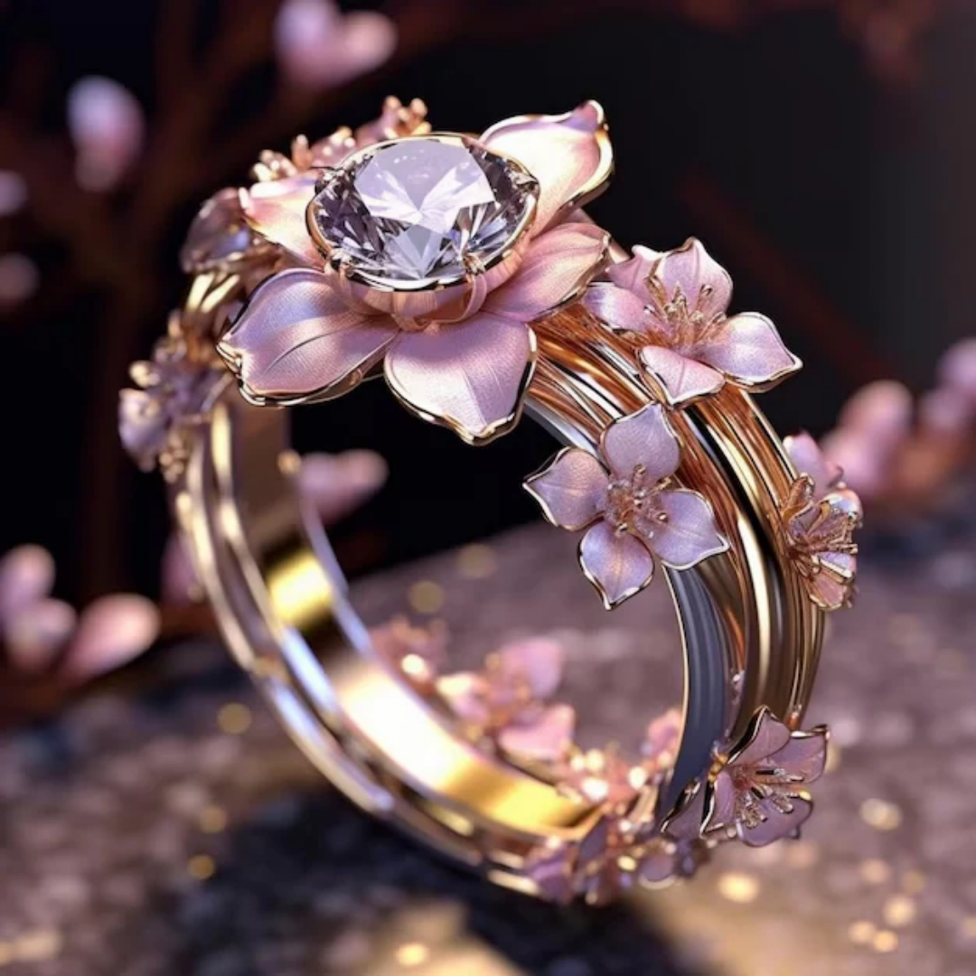 Krystalring honning Eksotisk print Pink Blomst 